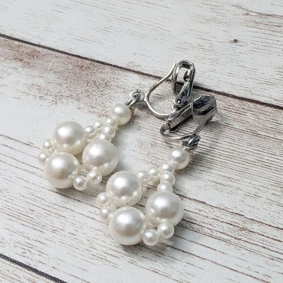 Vintage Clip On Earrings - Faux Pearl Beaded Dangle - Picture 2 of 5